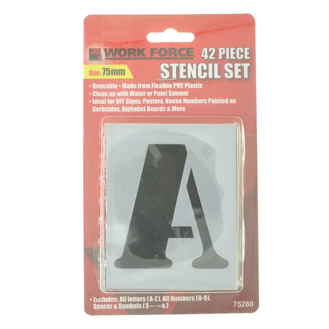 Work Force 42-piece stencil set packaging with letter 'A' on a white background
