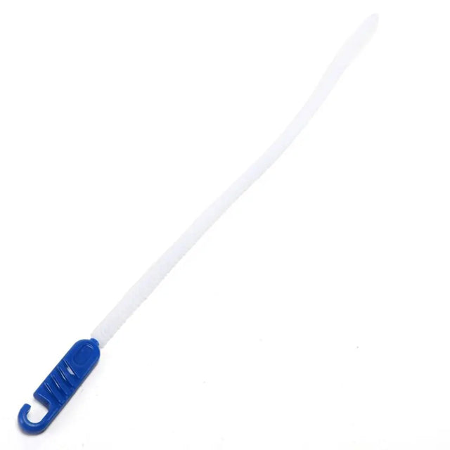 A white plastic zip tie with a blue hook end, shown diagonally on a plain white background.