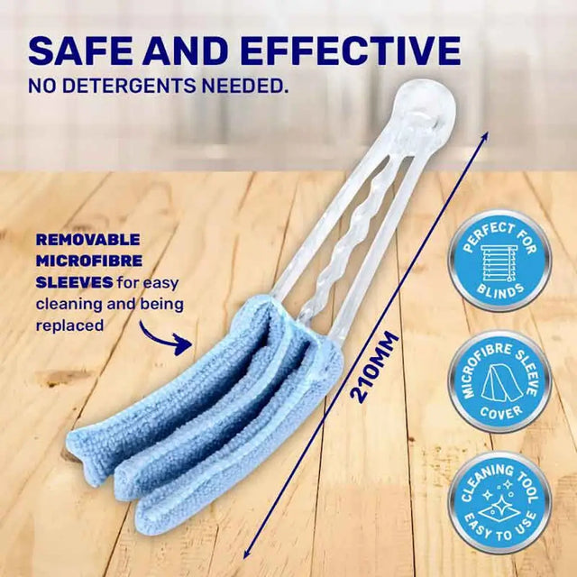 Cleaning tool with microfiber sleeves on a wooden surface, labeled as safe and effective.