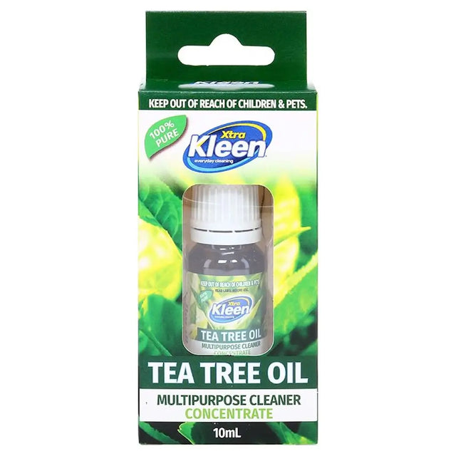 Kleen tea tree oil packaging with green leaves on a white background
