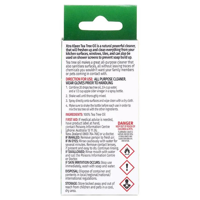 Back of a tea tree oil cleaner packaging with text and warnings.