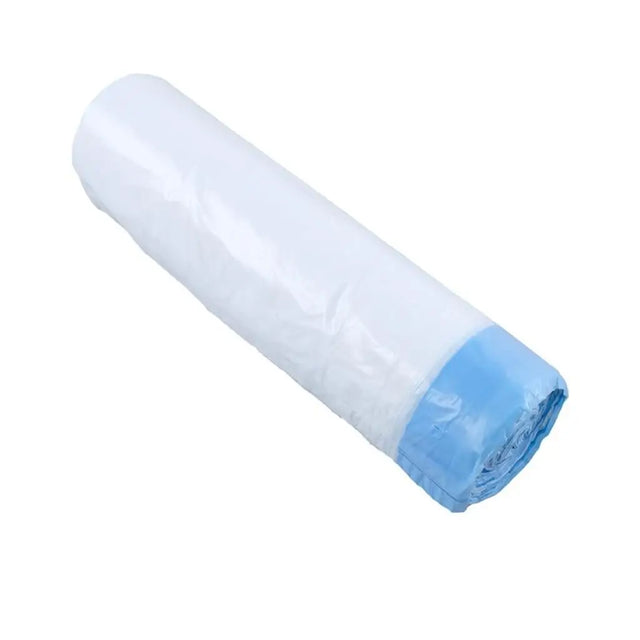Roll of clear plastic bags with a blue bottom section on a white background