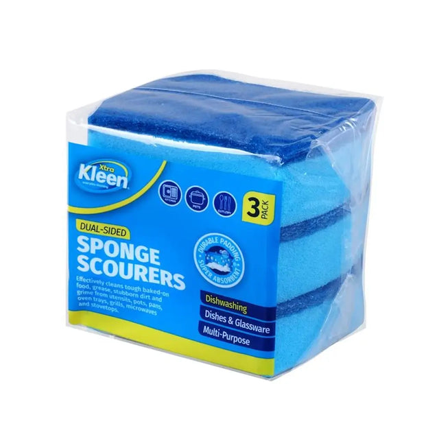 Pack of Xtra Kleen dual-sided sponge scourers with blue packaging on a white background