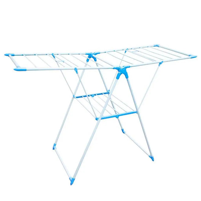 White and blue clothes drying rack on a white background