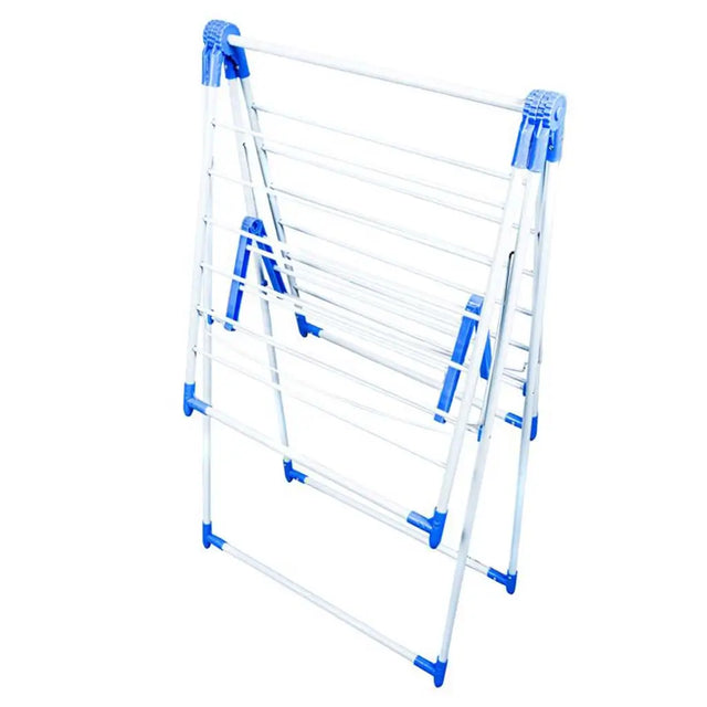 White and blue drying rack on a white background