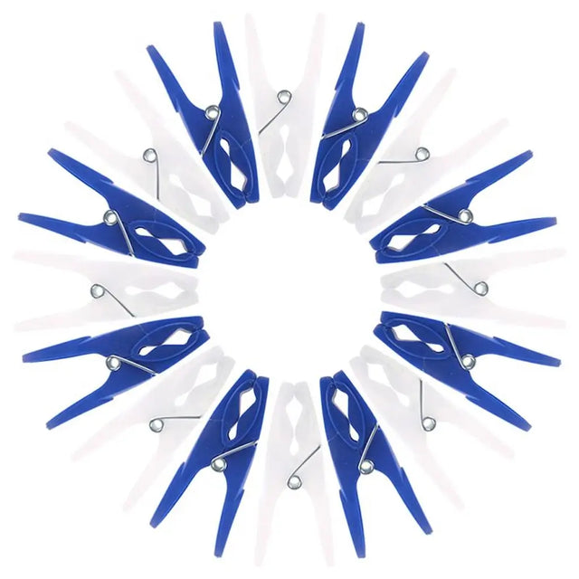 Blue and white pegs arranged in a circular pattern on a white background
