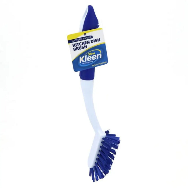 Kitchen dish brush with blue bristles and a visible brand label on a white background