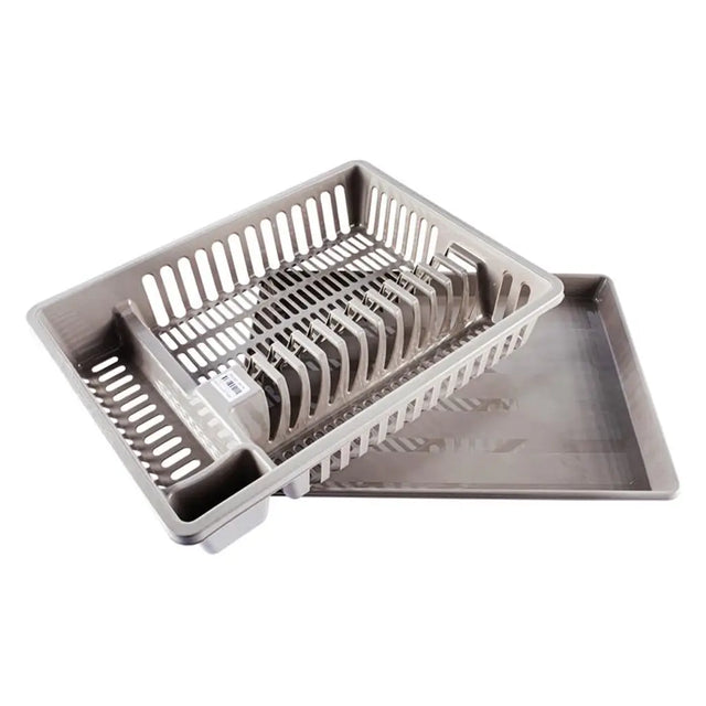 Gray dish rack with cutlery on a white background