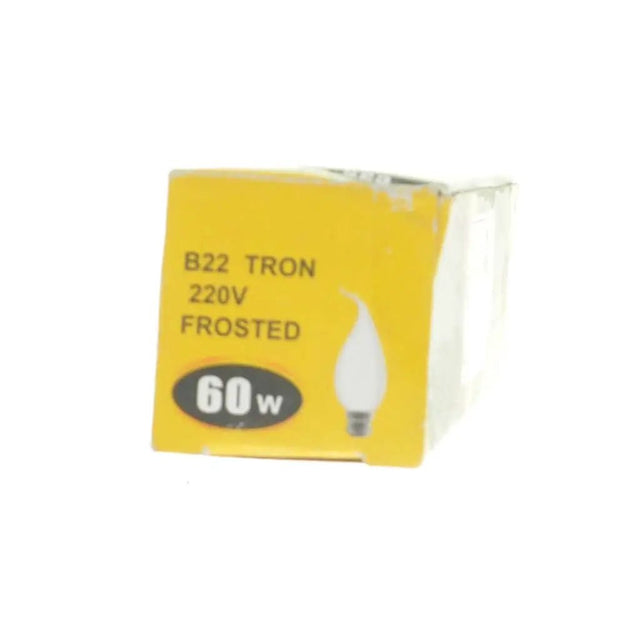 60-watt frosted light bulb in yellow packaging on a white background