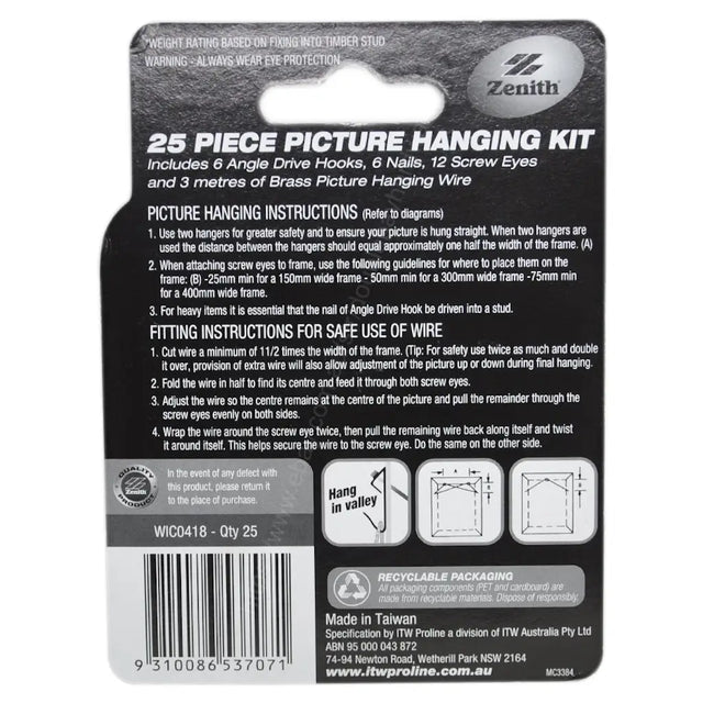 Back of a Zenith 25-piece picture hanging kit packaging with text and diagrams.