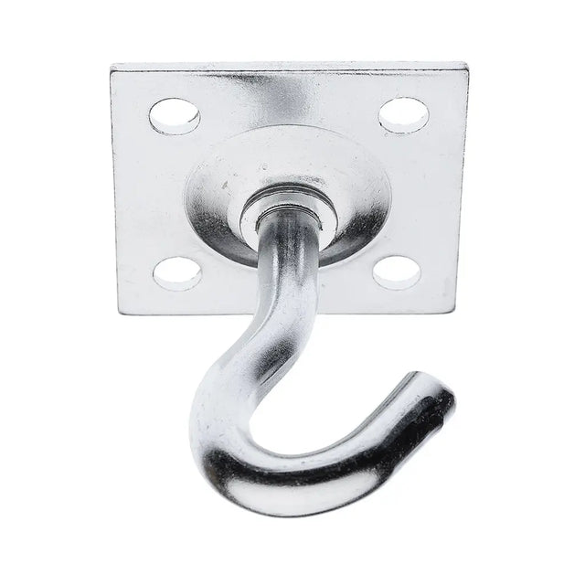 Metallic hook attached to a rectangular plate on a white background