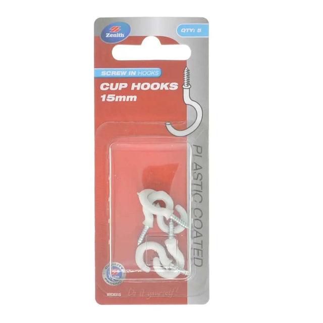 Packaged cup hooks with visible brand name on a white background