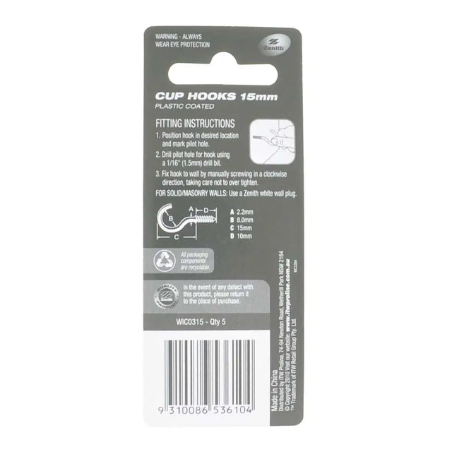 Packaging of cup hooks with fitting instructions on a white background