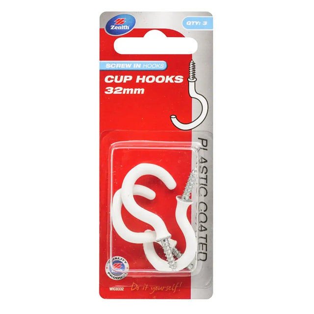Pack of cup hooks with a red and white packaging on a white background