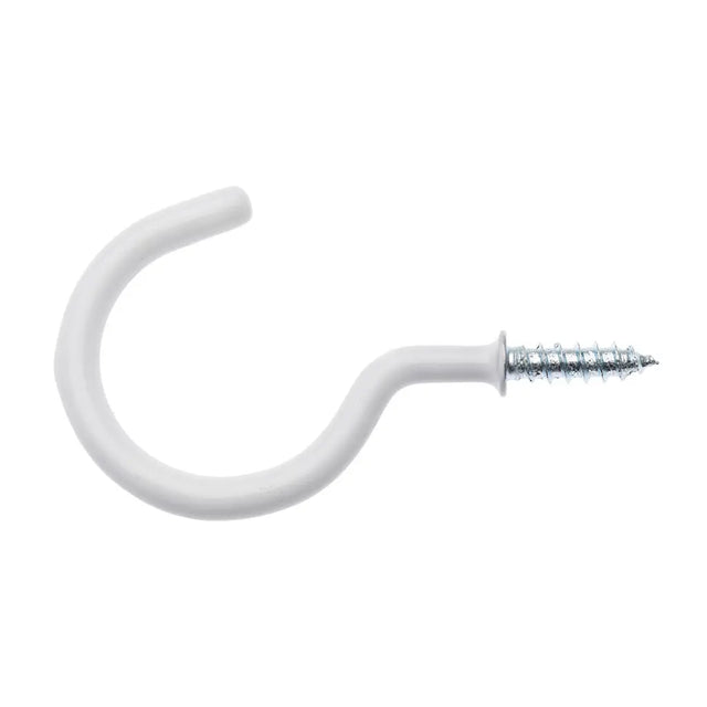 White plastic hook with a metal screw on a white background