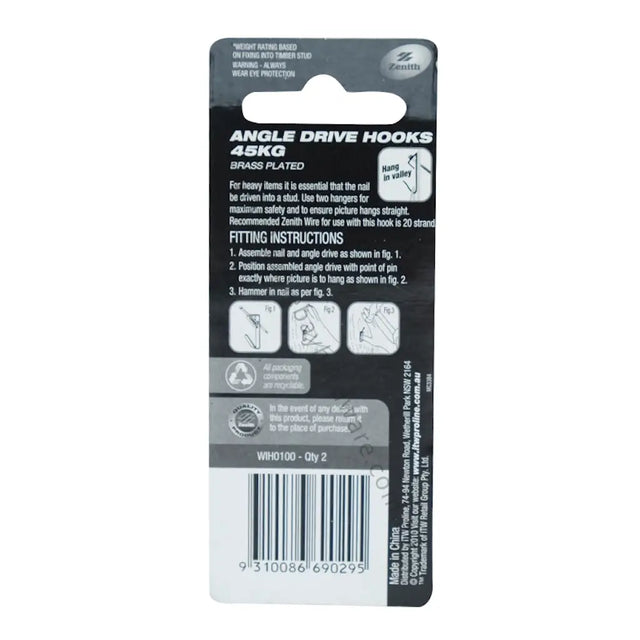 Packaging of Angle Drive Hooks with text and graphics on a white background