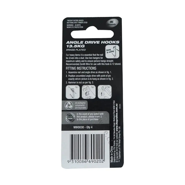 Packaging of angel drive hooks with fitting instructions on a white background