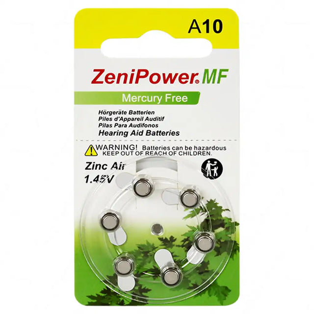 Pack of ZeniPower mercury-free hearing aid batteries on a white background