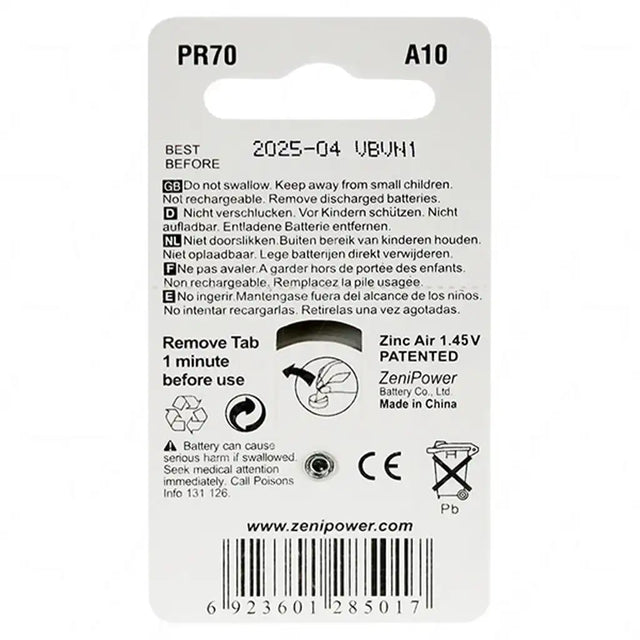 Zinc air battery with label and branding on a white background