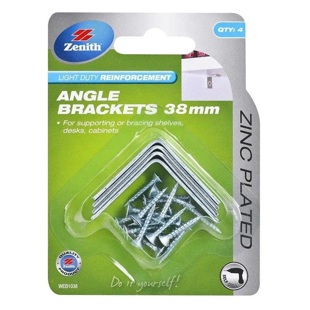 Packaging of Zenith angle brackets with screws on a white background