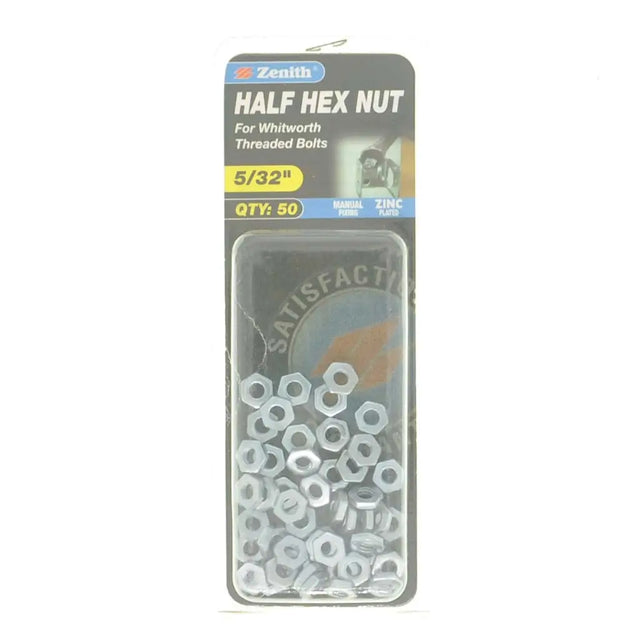 Pack of half hex nuts in packaging with Zenith branding on a white background