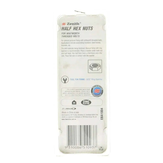 Back view of a package of Zenith half hex nuts on a white background