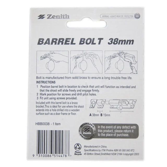 Zenith barrel bolt 38mm packaging with instructions and branding.