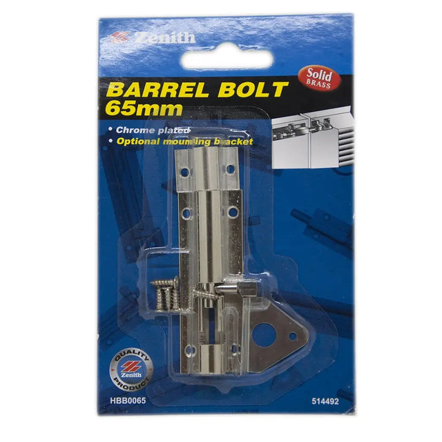 Packaged barrel bolt with mounting bracket on a blue background