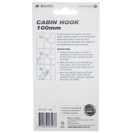 Zenith Cabin Hook 100mm Polished Brass WCA1100