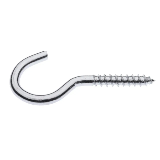 Chrome metal hook with screw on a white background