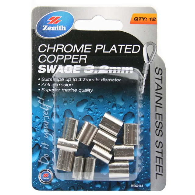 Packaged chrome plated copper swage with Zenith branding on a white background