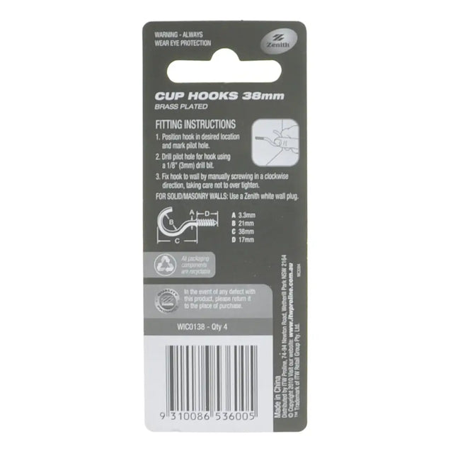 Package of cup hooks with instructions and branding on a white background