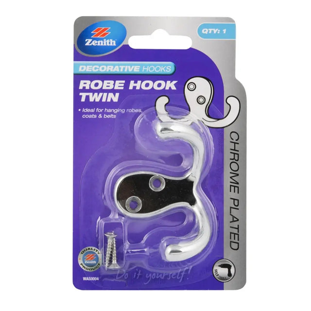 Packaged robe hook twin set with Zenith branding on a white background