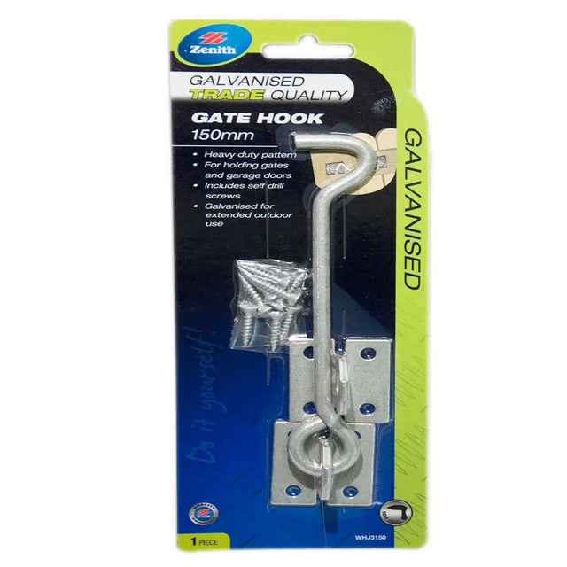 Galvanized gate hook packaging with brand logo on a white background