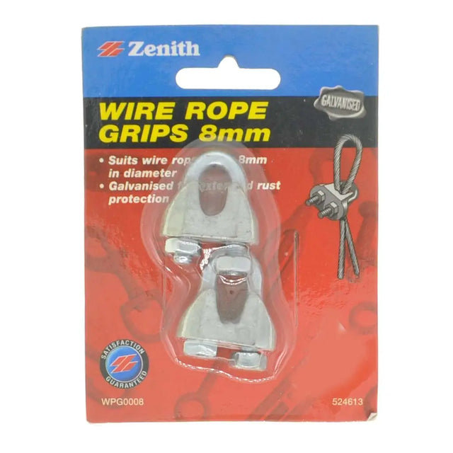 Packaged wire rope grips with Zenith branding on a white background