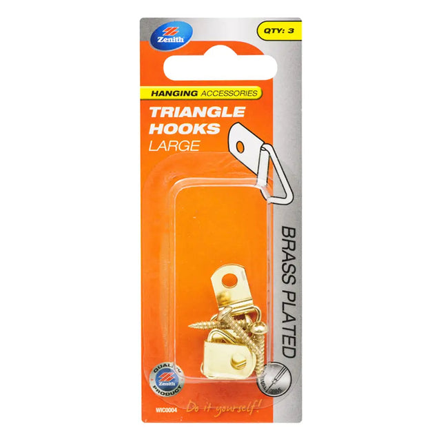 Packaging of Zenith triangle hooks with brass plating on an orange background