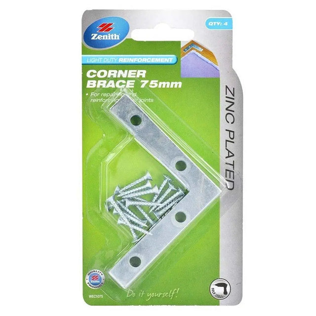 Zenith corner brace packaging with screws on a white background