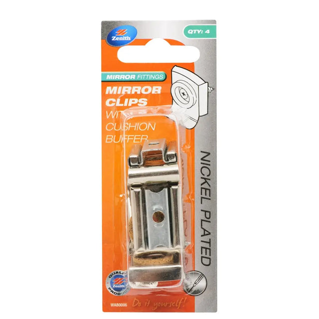 Packaged mirror clips with cushion buffer on an orange and gray background