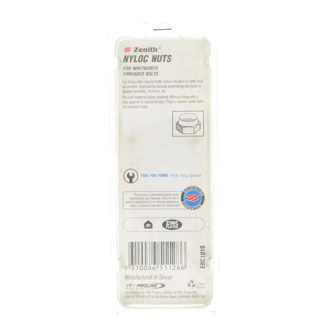 Packaging of Zenith Nyloc nuts on a white background