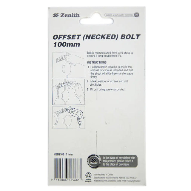Zenith offset necked bolt packaging with specifications and instructions.