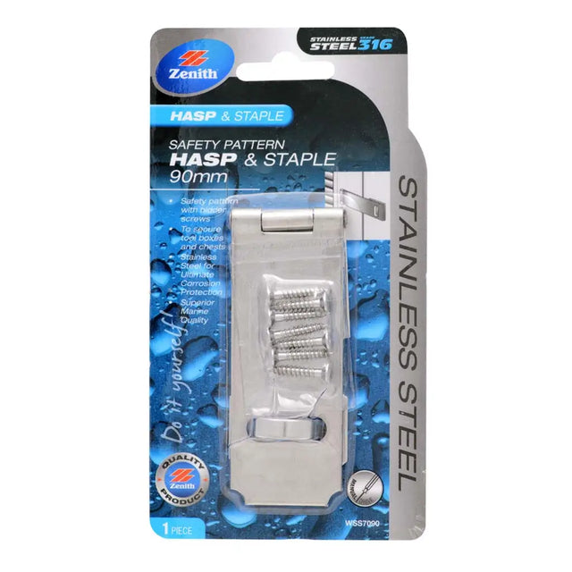 Zenith safety pattern hasp and staple set packaging with blue water background