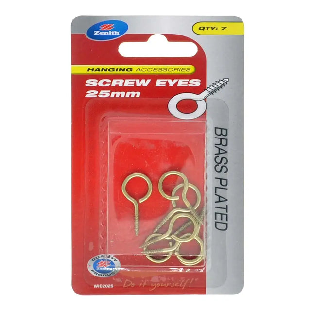 Pack of brass-plated screw eyes with Zenith branding on a white background