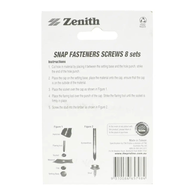 Zenith snap fasteners screws packaging with instructions and illustrations on a white background