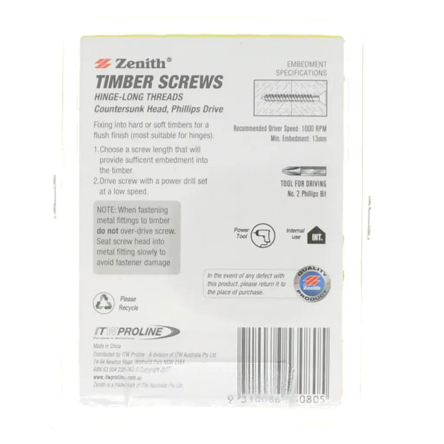 Package of Zenith timber screws with text and branding on a white background