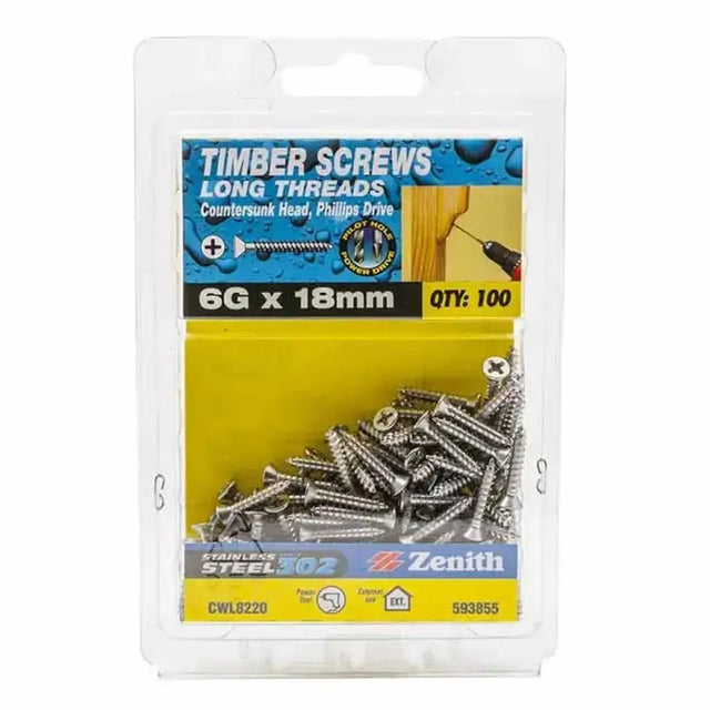 Pack of Zenith timber screws with packaging details on a white background