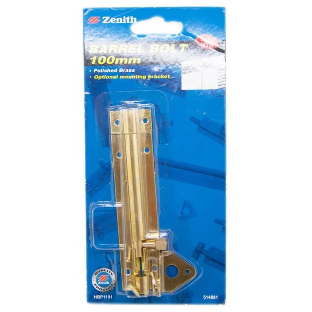 Gold barrel bolt with mounting bracket in packaging on a white background