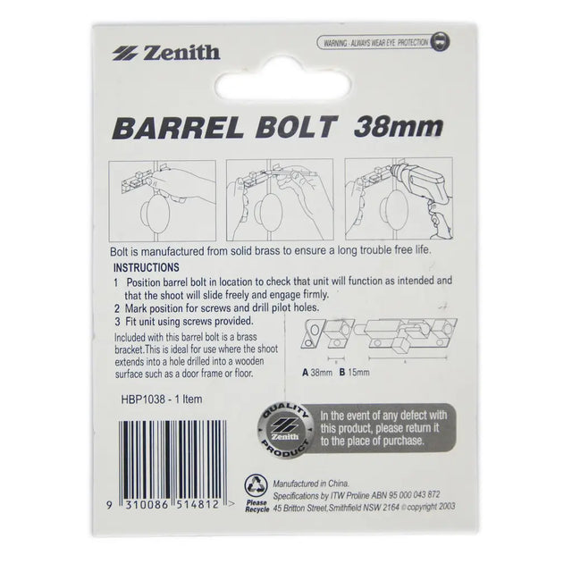 Zenith barrel bolt packaging with specifications and instructions on a white background