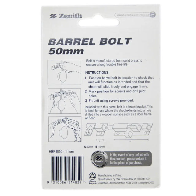 Zenith 50mm barrel bolt packaging with instructions and branding.