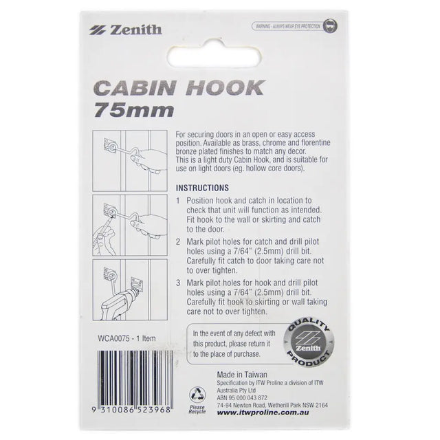 Package of Zenith cabin hook with instructions and product details.