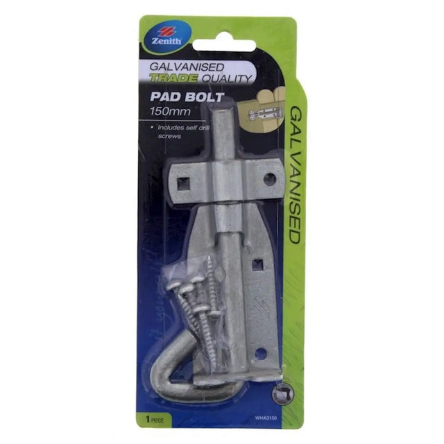 Galvanized pad bolt with packaging on a white background